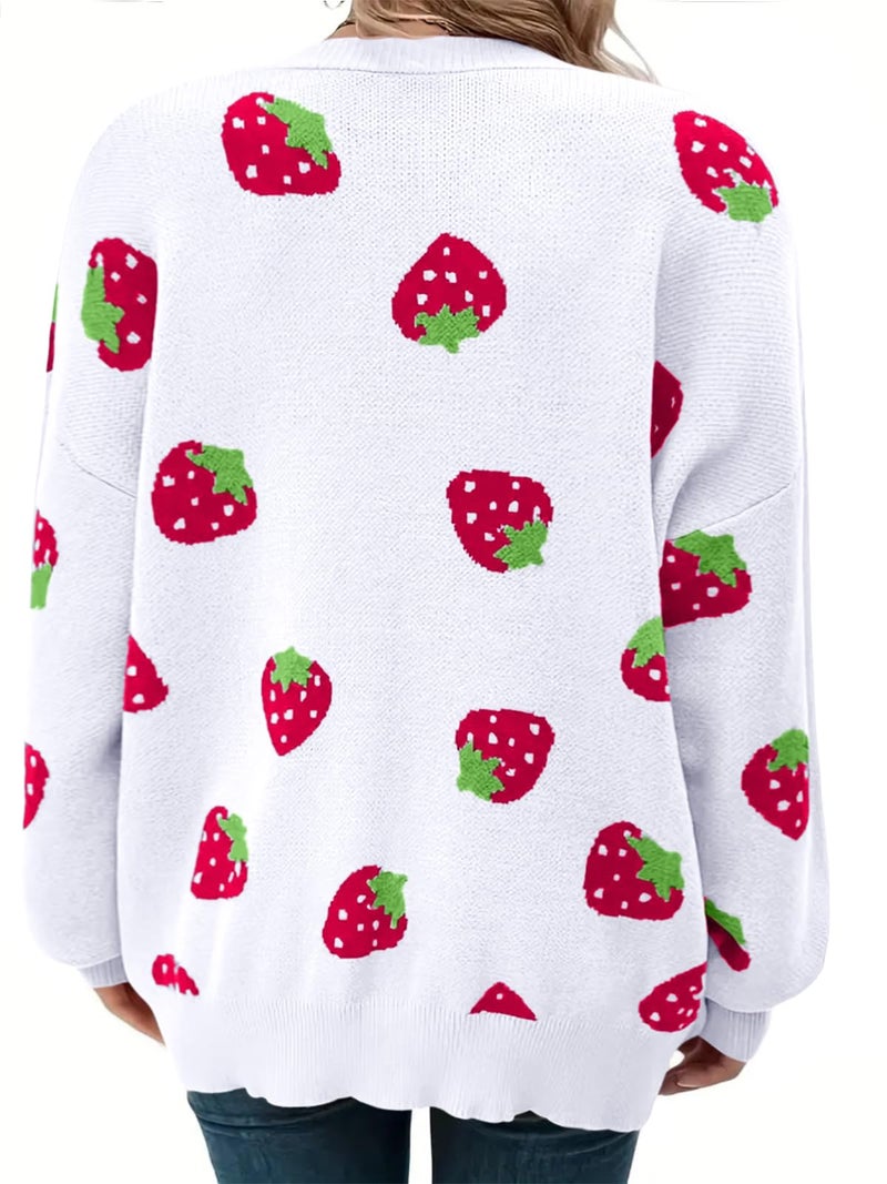 SECRETEYARD Women's Plus Size Strawberry Floral Print Long Sleeve Open Front Knit Cardigan Sweater (US, Alpha, Large, Regular, Regular, White) - Image 5