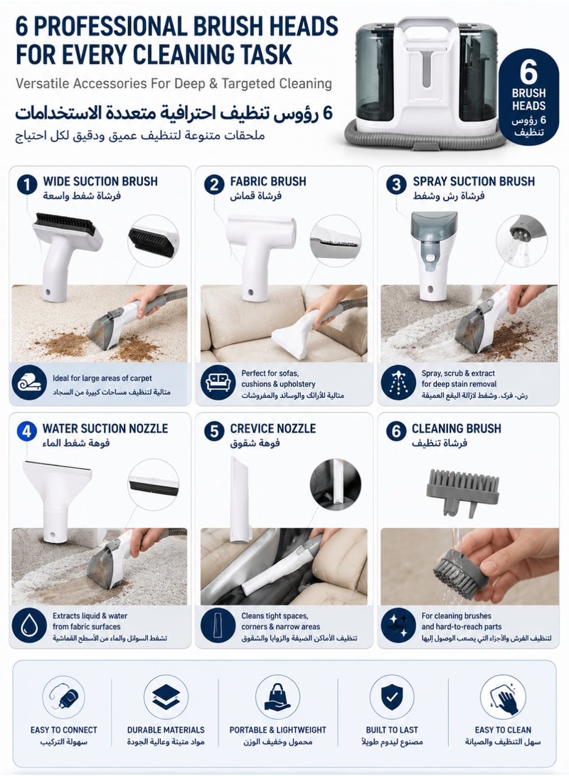 اوليو مكنسة تنظيف السجاد 450 واط شفط رطب وجاف مع 6 رؤوس تنظيف قابلة للتبديل منظف الأرائك والمفروشات بقوة شفط 14 كيلو باسكال لخزانات المياه المزدوجة 1800 مل للكنب والمقاعد والسيارات والستائر K15 أبيض - Image 4