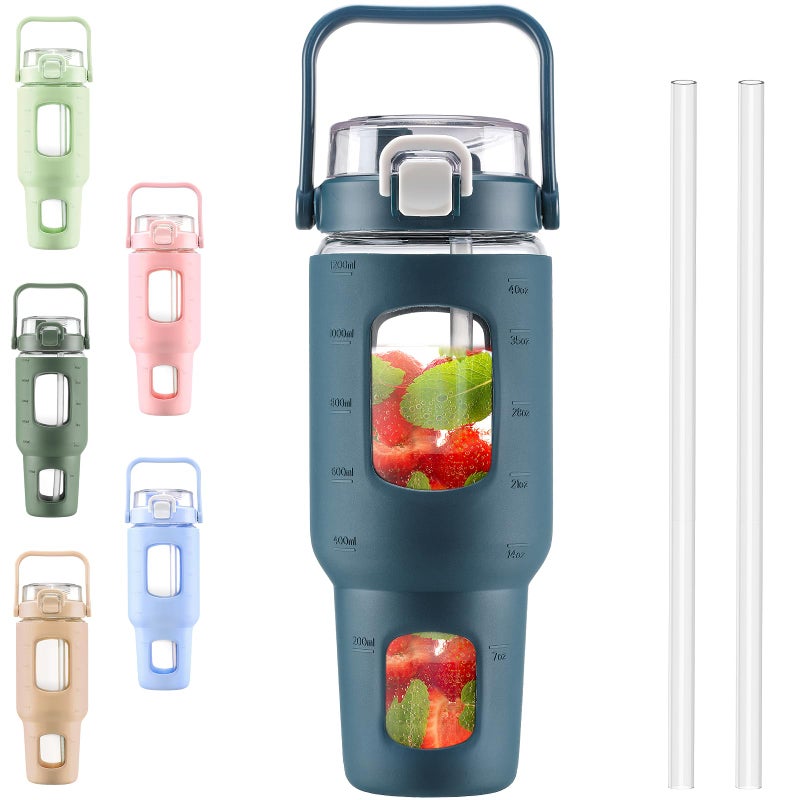 BLUEGO 40 oz Glass Water Bottles with Straw Time Marker  Glass Tumbler with Handle Top Lids  Easy to Clean  Fits in Car Cup Holder  Leakproof Jug for Gym  Sports  Workout & Daily  Dark Blue - Image 1
