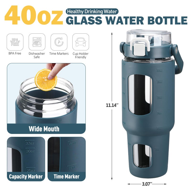 BLUEGO 40 oz Glass Water Bottles with Straw Time Marker  Glass Tumbler with Handle Top Lids  Easy to Clean  Fits in Car Cup Holder  Leakproof Jug for Gym  Sports  Workout & Daily  Dark Blue - Image 2