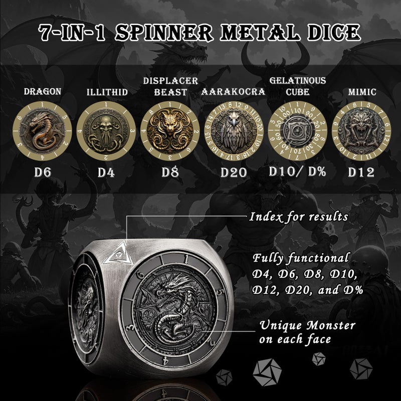 Haxtec Spinner Dice 7-in-1 Metal DND Dice Set Unique Dice Spinner Goblins Metal D&D Die for Dungeons and Dragons DND Gifts - Image 2