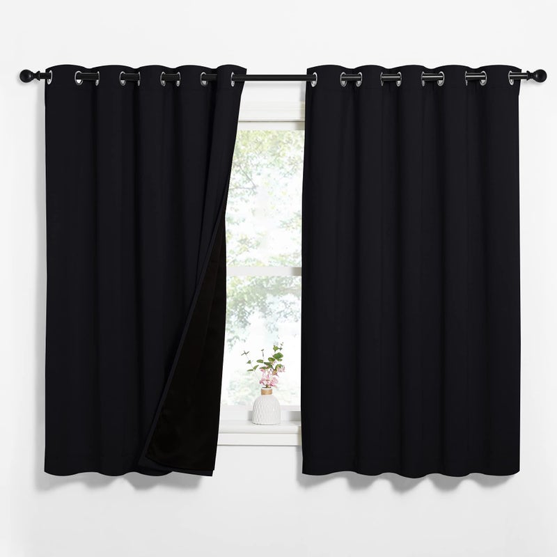 NICETOWN NICETOWN Complete 100 Blackout Curtains Thermal Insulated  Energy Efficiency Window Draperies with Black Liner Noise Reducing Short Curtains for Kids Room Black 62inch W by 63inch L 2 Panels