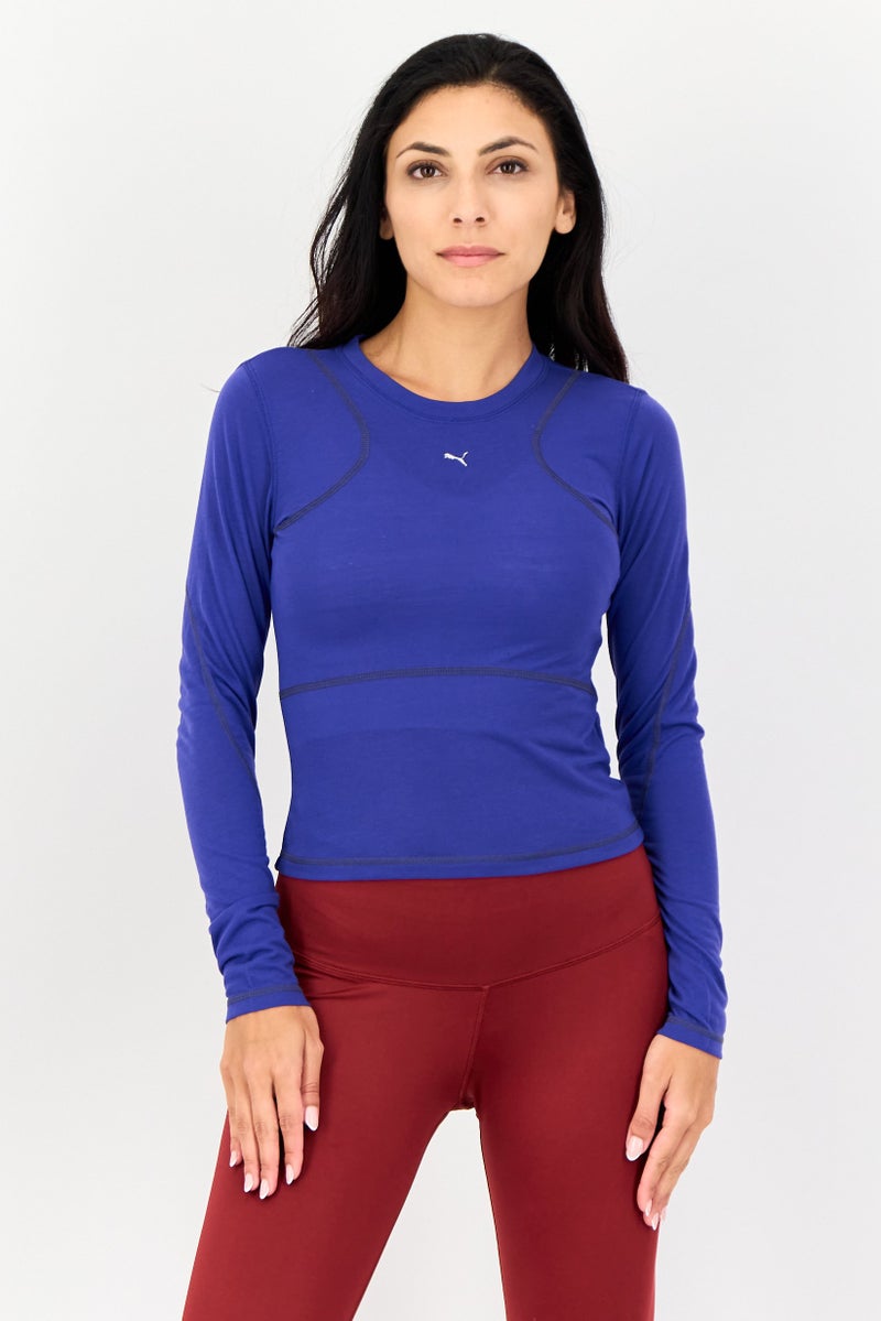 PUMA تي شيرت رياضي نسائي بأكمام طويلة مناسب في الهواء الطلق، أزرق - Image 1