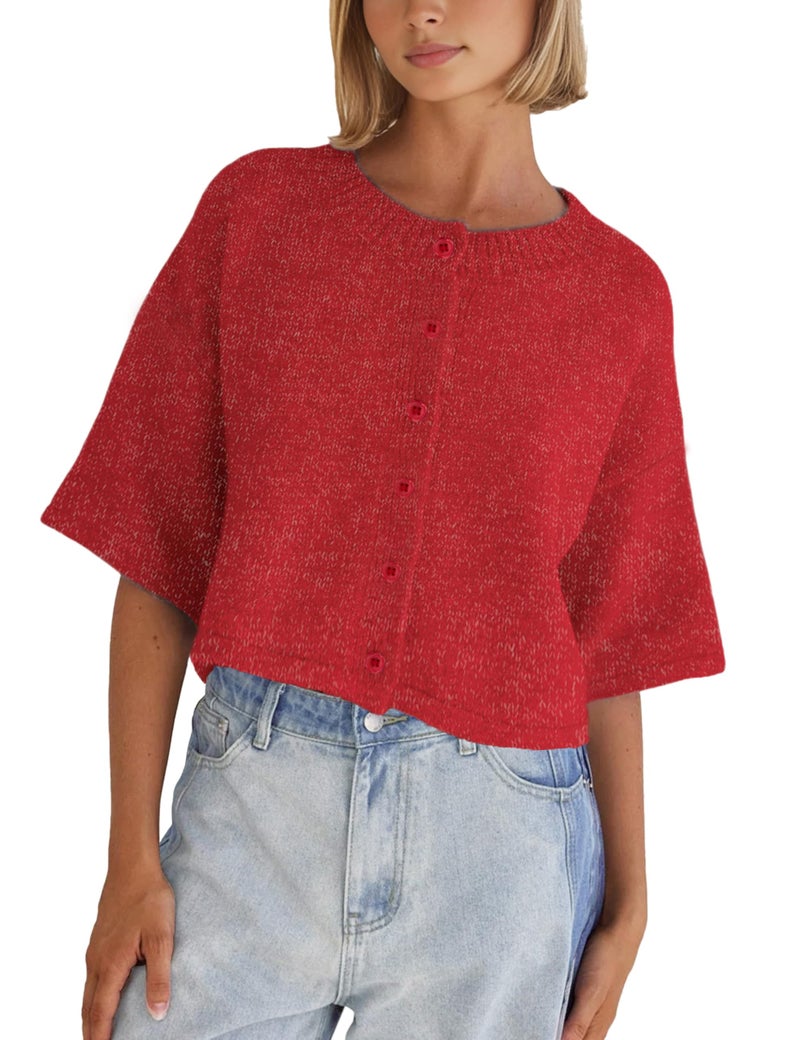 Springrain Cardigan Sweaters for Women Lightweight Knit Cropped Cardigan Button Up Solid Knitwear(Red-XS) - Image 1