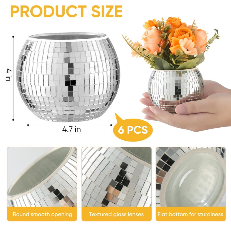 RGBDOT 6 Pcs Disco Ball Vase Disco Ball Planter for Centerpieces Disco Ball Decor Flower Vase with Silver Mirror Glass for Wedding, Birthday, Party (4" X 4.7") - Image 3
