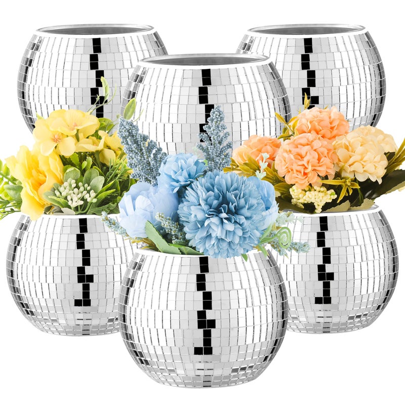 RGBDOT 6 Pcs Disco Ball Vase Disco Ball Planter for Centerpieces Disco Ball Decor Flower Vase with Silver Mirror Glass for Wedding, Birthday, Party (4" X 4.7") - Image 1