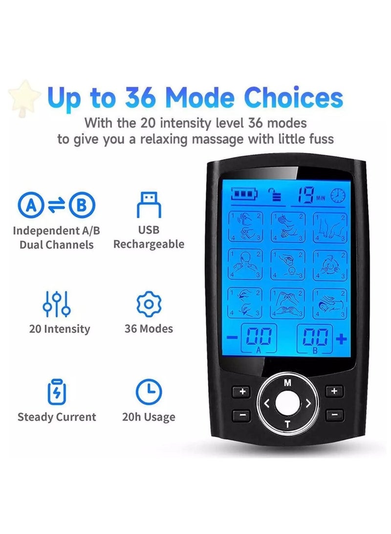 LAESO 3-in-1 Dual Channel TENS EMS Unit 36 Modes Mini Rechargeable Physiotherapy Instrument for Pain Relief Therapy - Black 20 - Image 5