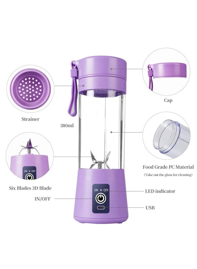 كوب خلاط محمول، خلاط عصير كهربائي USB، صغير للشيك والسموذي، عصير، 380 مل، ستة شفرات للخلط الرائع، بنفسجي فاتح - Image 4