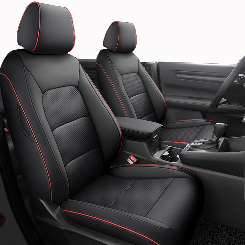 HKZ Fit CRV Car Seat Covers Full Set for Honda CRV 2012 2013 2014 CRV LXEXEXL Model Leather Black with Red Trim