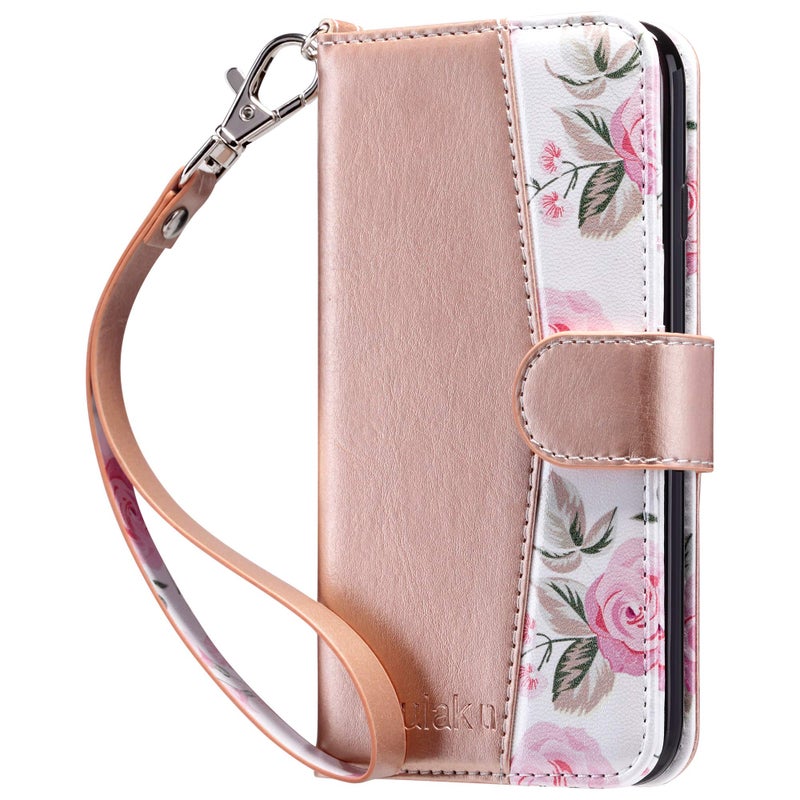 ULAK for iPhone SE 3(2022)/SE(2020)/8/7 Wallet Case with Card Holder, Premium Floral PU Leather Flip Case with Kickstand Card Slots,Wrist Strap, Durable Shockproof Cover 4.7 Inch(Rose Gold) - Image 1