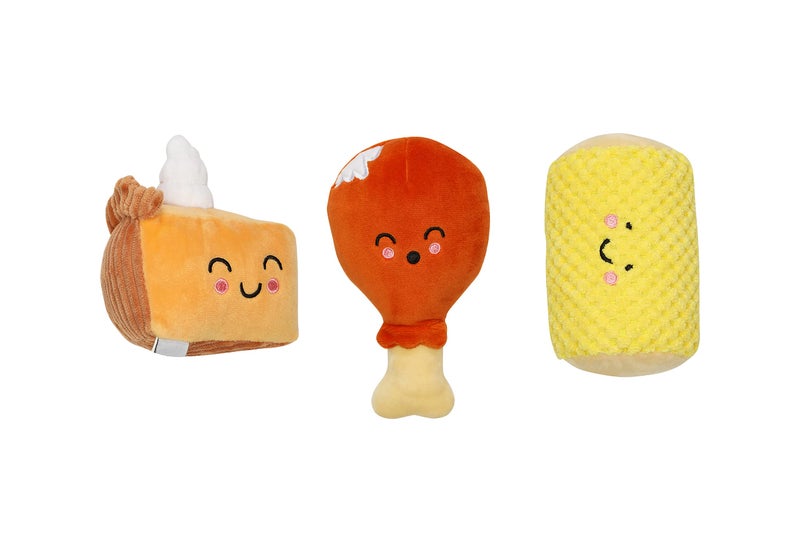 Pearhead Pet Thanksgiving Dinner Dog Toys Slice of Pumpkin Pie Turkey Leg and Corn Cob Plush with Squeakers Set of 3 - Image 2