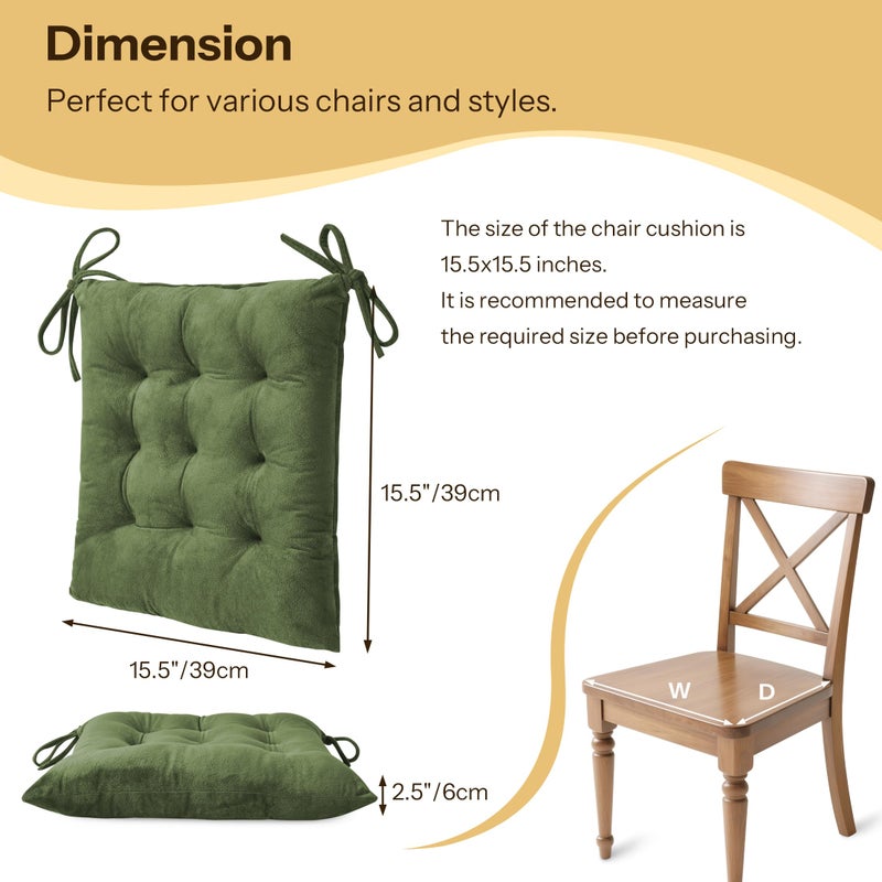 FlyGulls Kitchen Chair Cushions Set of 2 Tufted Square Seat Cushions with Ties Plush Chair Pad for Kitchen Dining Room Office(15.5"x15.5" Green) - Image 2