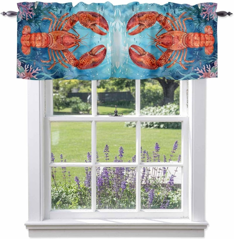 Caostal Lobster Valances for Windows, Short Curtains for Kitchen/Bathroom, Blue Ocean Beach Nautical Coral Rod Pocket Window Treatment for Living Room/Doorway/Bedroom/Cafe Decor Panel 60"x14" - Image 1