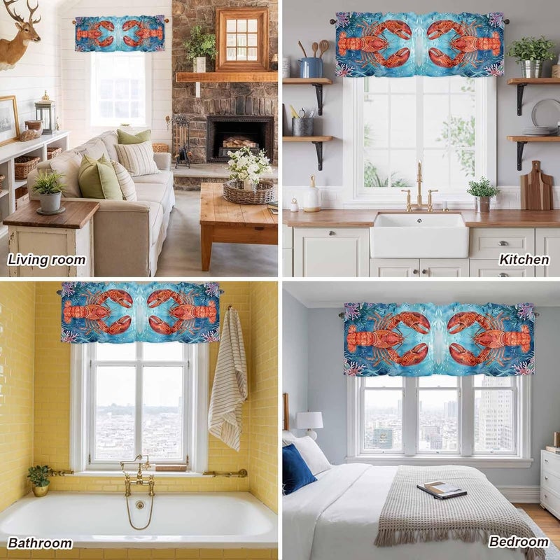 Caostal Lobster Valances for Windows, Short Curtains for Kitchen/Bathroom, Blue Ocean Beach Nautical Coral Rod Pocket Window Treatment for Living Room/Doorway/Bedroom/Cafe Decor Panel 60"x14" - Image 5