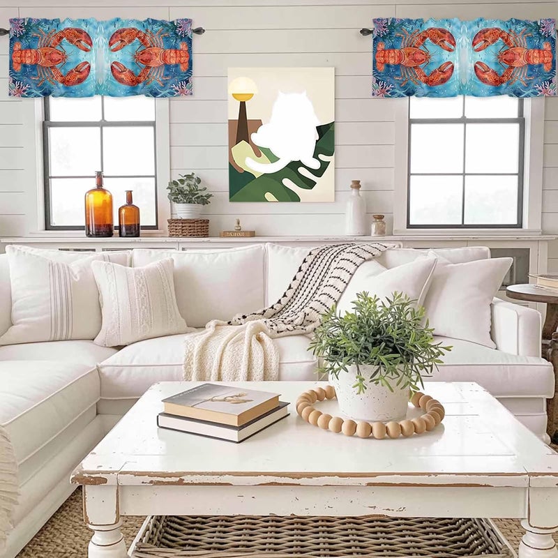 Caostal Lobster Valances for Windows, Short Curtains for Kitchen/Bathroom, Blue Ocean Beach Nautical Coral Rod Pocket Window Treatment for Living Room/Doorway/Bedroom/Cafe Decor Panel 60"x14" - Image 4