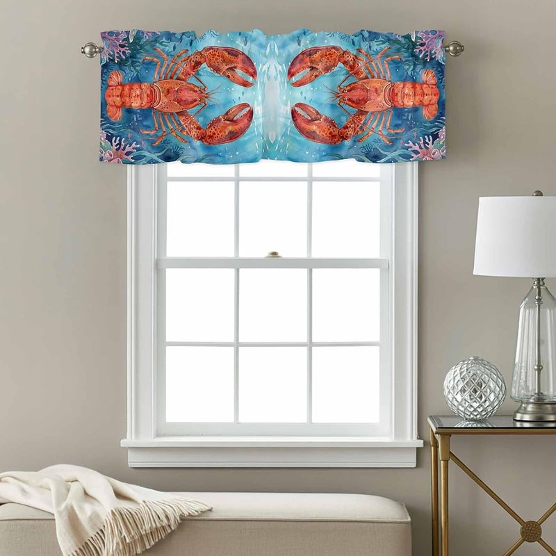 Caostal Lobster Valances for Windows, Short Curtains for Kitchen/Bathroom, Blue Ocean Beach Nautical Coral Rod Pocket Window Treatment for Living Room/Doorway/Bedroom/Cafe Decor Panel 60"x14" - Image 3