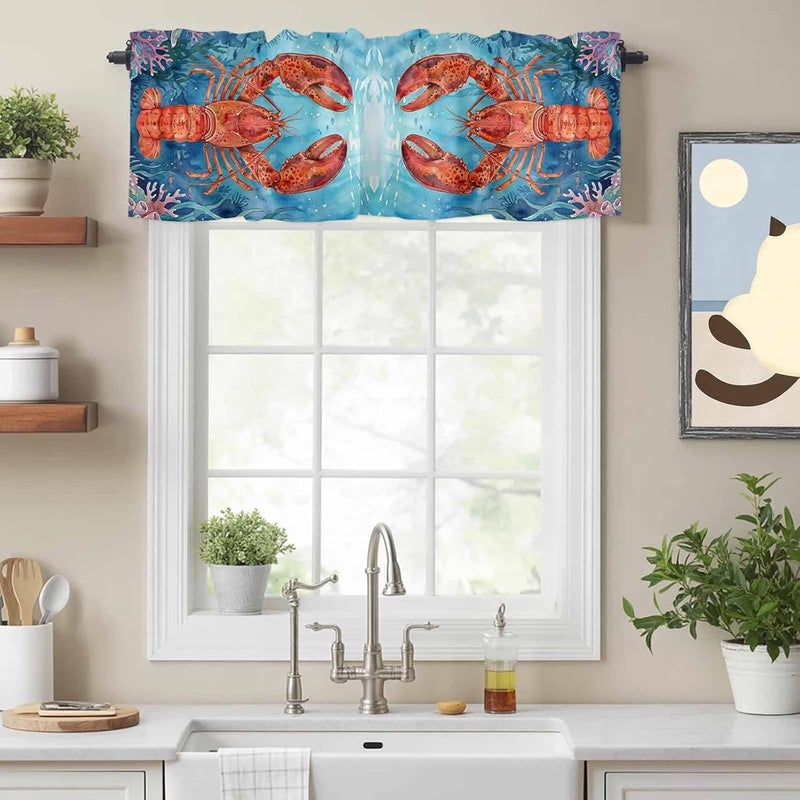 Caostal Lobster Valances for Windows, Short Curtains for Kitchen/Bathroom, Blue Ocean Beach Nautical Coral Rod Pocket Window Treatment for Living Room/Doorway/Bedroom/Cafe Decor Panel 60"x14" - Image 2
