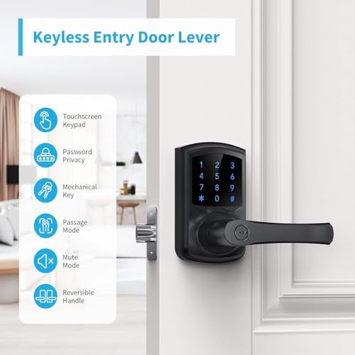 Signstek Keyless Entry Door Lock with Handle, Digital Keypad Door Knob, Smart Electronic Lock with Code, Touchscreen, Auto-Locking, Matte Black - Image 2