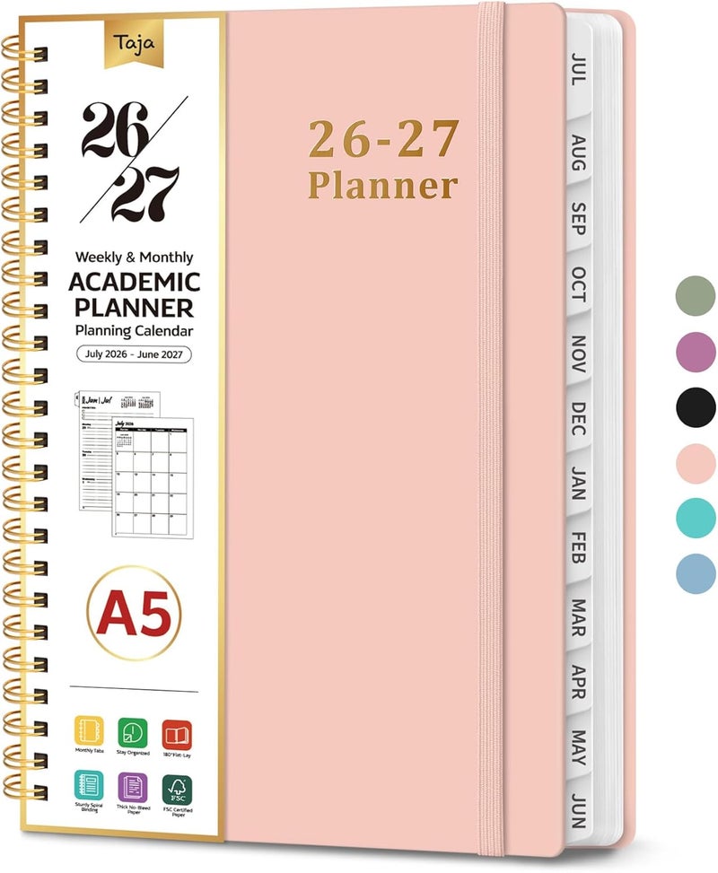 Taja Planner 2026-2027, Weekly and Monthly Calendar Academic Planner for Women, July 2026 - June 2027, Spiral Bound School Planning Tool, Perfect for Teacher, Student, Women & Men, A5 (6.3" x 8.5"), Pink - Image 1