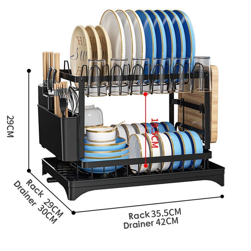 Moonmen Dish Drying Stand with Drainer, 2-Tier Large Kitchen Counter Dish Rack with Detachable Cutting Board Holder Utensil Holder and Cup Holder Baking Paint Process Coatings Dish Drainer (White) - Image 2