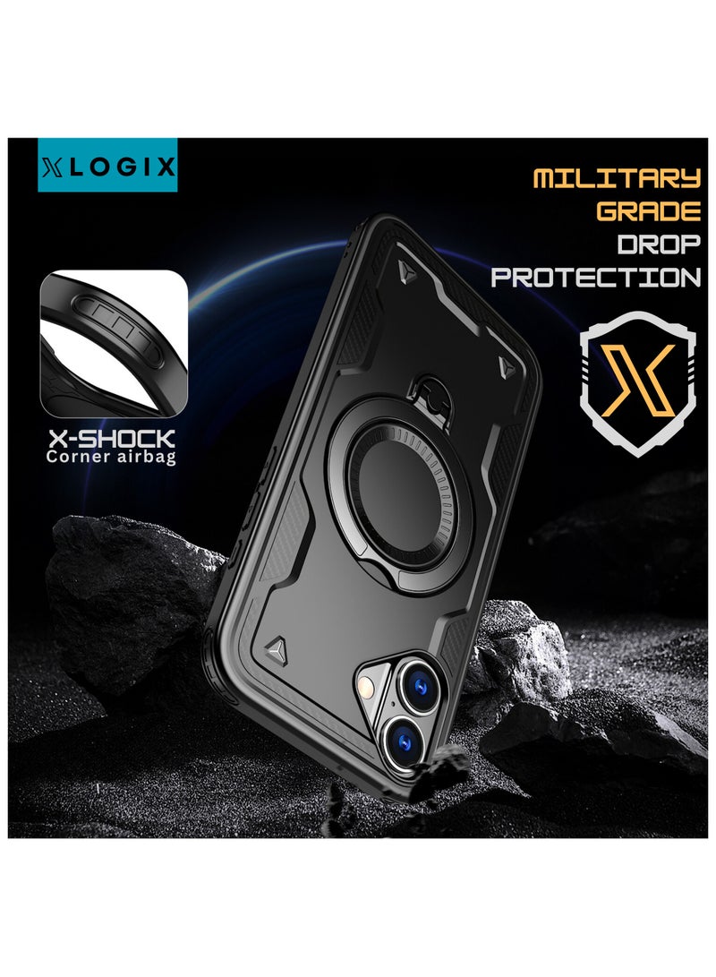 XLogiX for iPhone 16 | Armoured Case with Built-in Kickstand | Heavy-Duty Protection | Shockproof | Slim Design | Compatible with MagSafe Accessories, ArmourX Series - BLACK - Image 2
