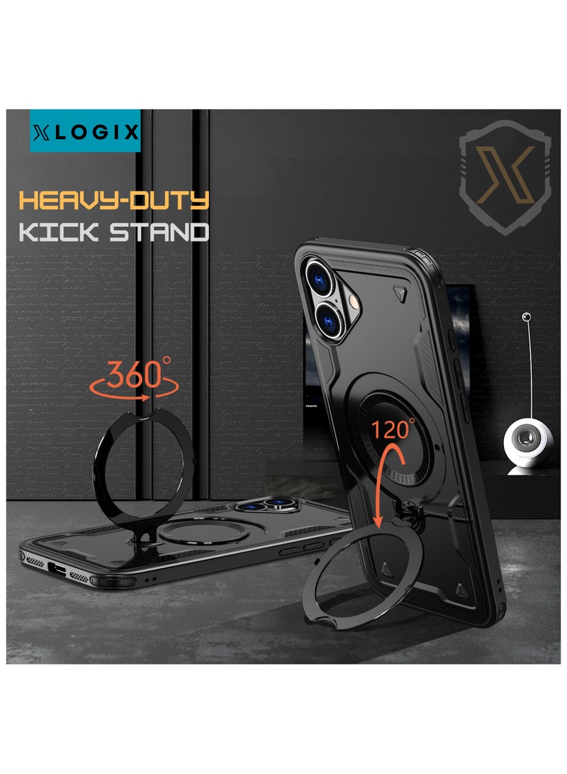 XLogiX for iPhone 16 | Armoured Case with Built-in Kickstand | Heavy-Duty Protection | Shockproof | Slim Design | Compatible with MagSafe Accessories, ArmourX Series - BLACK - Image 4