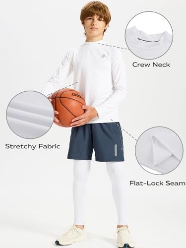 DEVOROPA Youth Boys Compression Thermal Shirts Long Sleeve Undershirt Fleece Baselayer Mock Top White L - Image 5