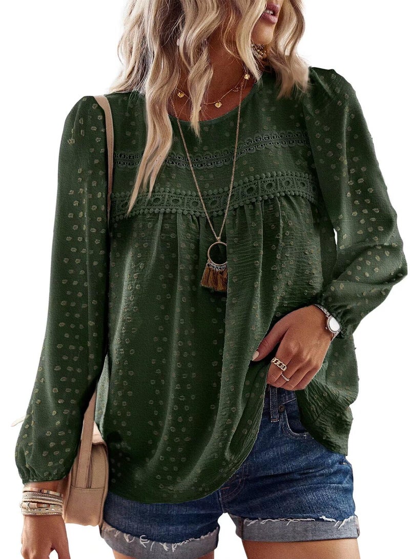 Falechay Boho Tops for Women Round Neck Tunic Tops for Women Loose Fit Green Shirts Pom Pom Swiss Dot Long Sleeve Winter Blouses Clothes L - Image 1