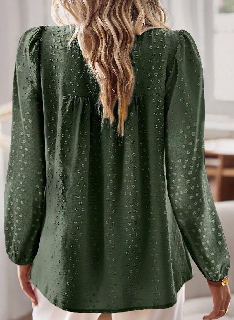 Falechay Boho Tops for Women Round Neck Tunic Tops for Women Loose Fit Green Shirts Pom Pom Swiss Dot Long Sleeve Winter Blouses Clothes L - Image 3