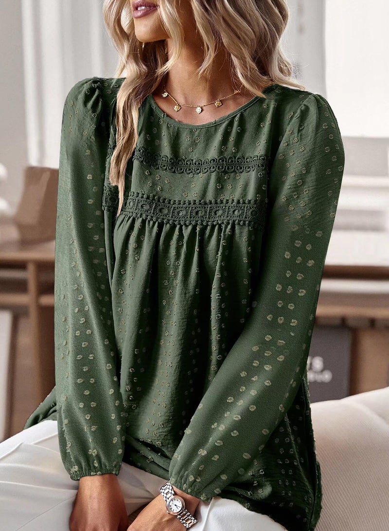 Falechay Boho Tops for Women Round Neck Tunic Tops for Women Loose Fit Green Shirts Pom Pom Swiss Dot Long Sleeve Winter Blouses Clothes L - Image 2
