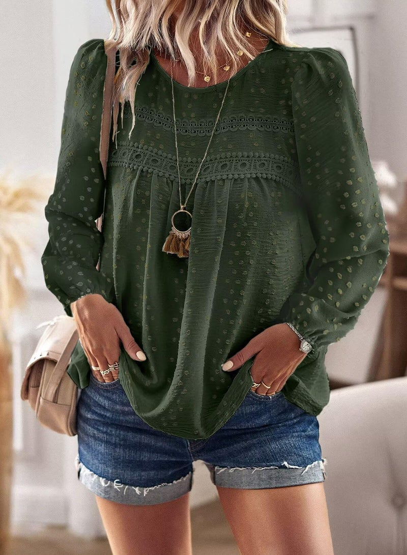 Falechay Boho Tops for Women Round Neck Tunic Tops for Women Loose Fit Green Shirts Pom Pom Swiss Dot Long Sleeve Winter Blouses Clothes L - Image 5