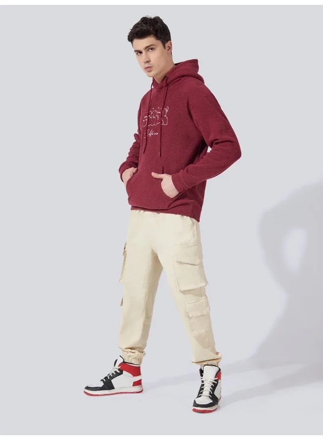 Maniac Mens Hooded Neck Full Sleeve California Printed Burgundy Loopnet Oversized fit Sweatshirt