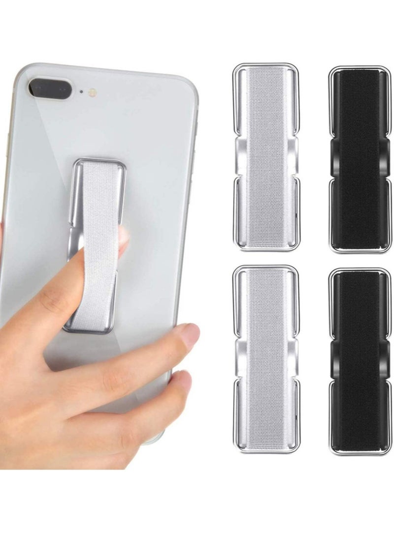 ELTRAZONE 4 Pieces Finger Strap Phone Holder Elastic Finger Holder Cell Phone Grip Holder Finger Strap with Stand for Smartphones, Small Tablets (Black, Silver) - Image 1