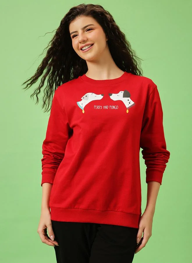 كلوفيا سويت شيرت قطن أحمر بطبعة جرافيك