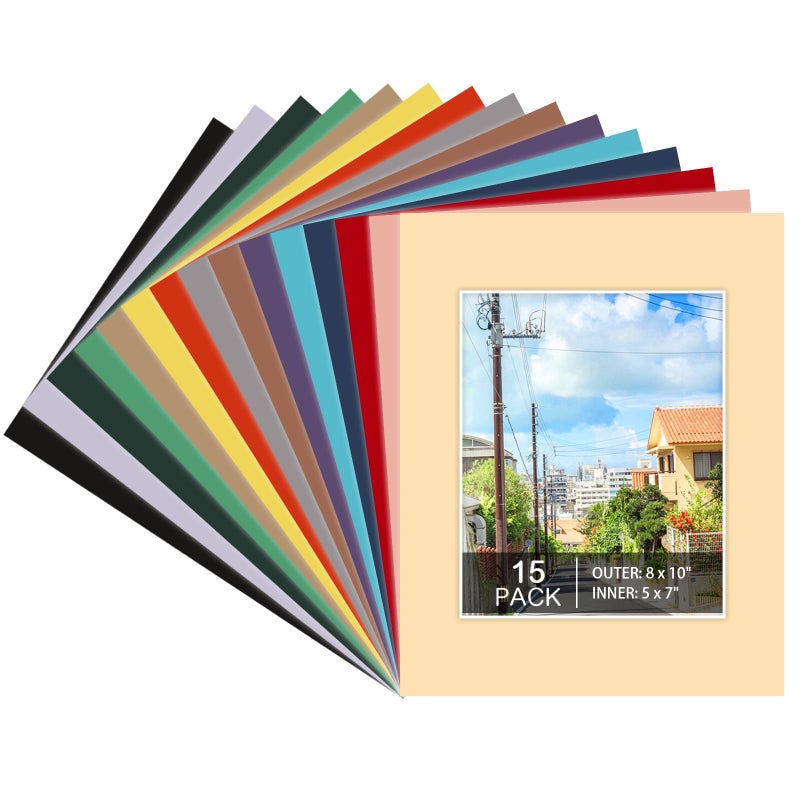 Prudiut 15 Pack 8x10 Picture Mats, Mixed Colors Frame Mattes for 5x7 Pictures Photo Frame Mat Core Bevel Cut Mat Board Show Kit for Photos, Prints, Artworks - Image 1