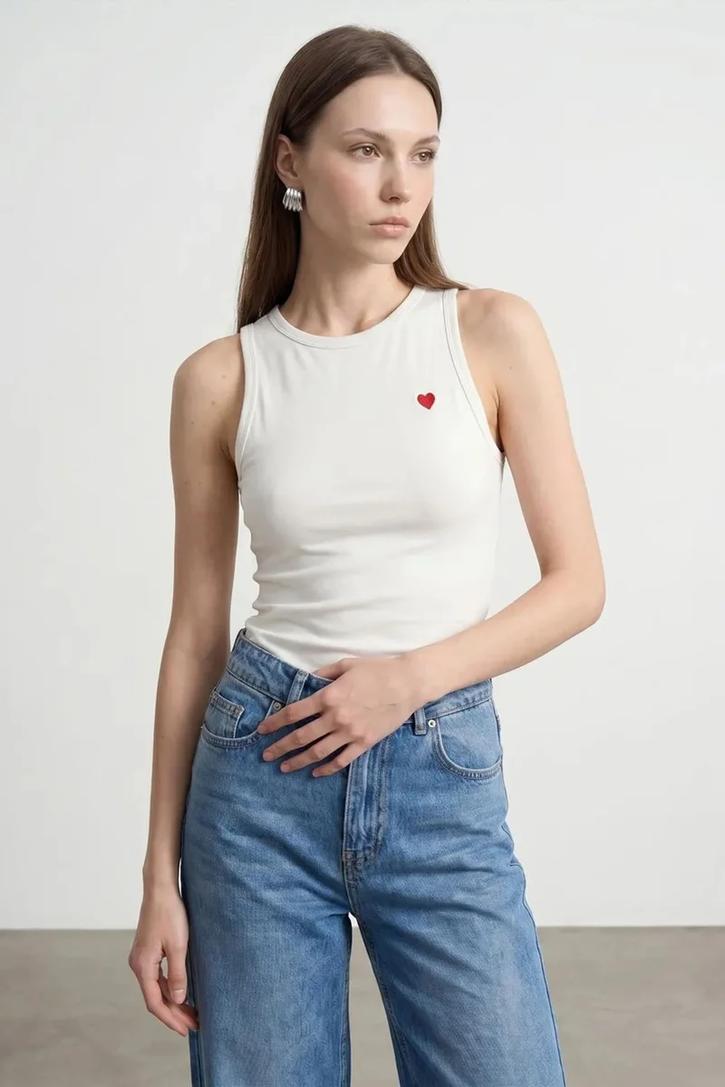 Dilvin Dusty White DILVIN Embroidered Sleeveless Slim-Fit Jersey Blouse for Women | Best Price UAE