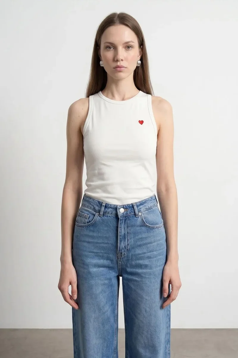 Dilvin Dusty White DILVIN Embroidered Sleeveless Slim-Fit Jersey Blouse for Women | Best Price UAE
