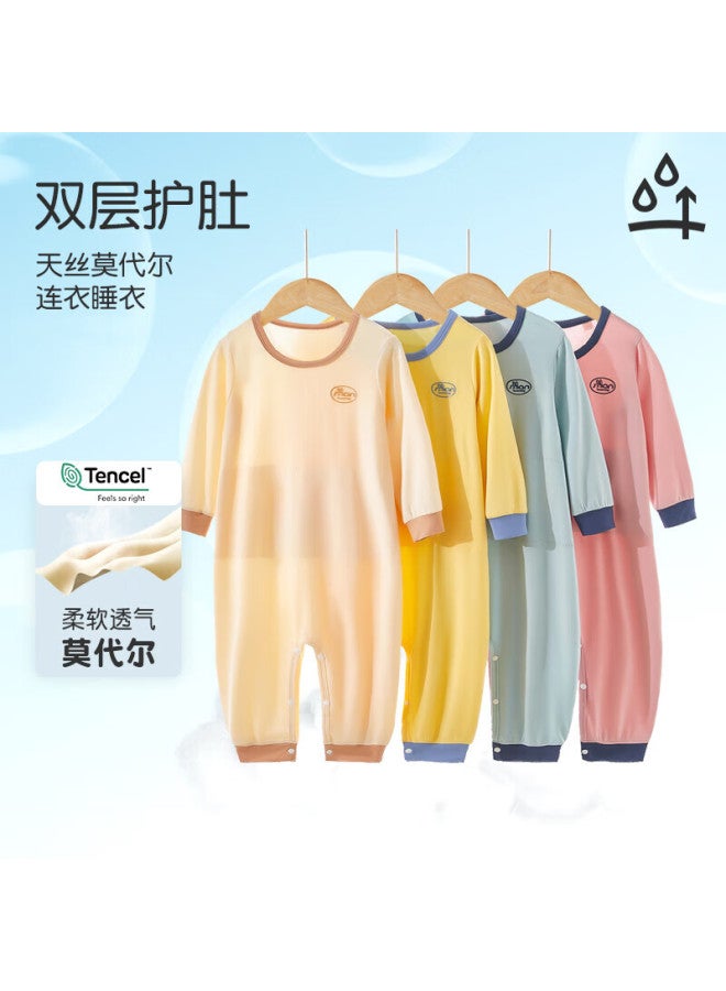 Shanbaomay Spring Summer Autumn Children's Long Sleeve Modal Thin Boys And Girls Home Wear Jumpsuit Jelly Blue Size 120