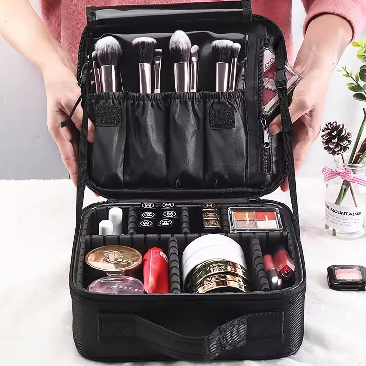 SHAMAX® Professional Makeup Organizer Bag for Home & Travel, Vanity Bag with Dividers Brushes Toiletries Cosmetic Storage 26x23x9 CM Vanity Box Customizable Compartments (Hot Pink) - Image 4