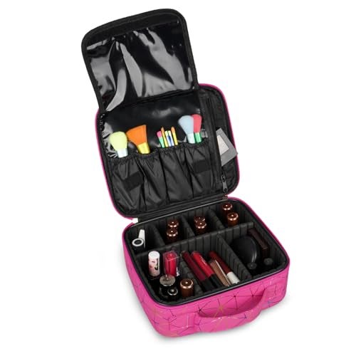 SHAMAX® Professional Makeup Organizer Bag for Home & Travel, Vanity Bag with Dividers Brushes Toiletries Cosmetic Storage 26x23x9 CM Vanity Box Customizable Compartments (Hot Pink) - Image 2