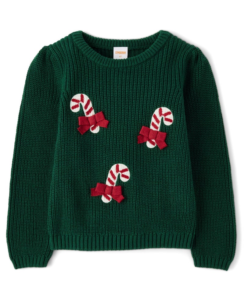 Gymboree,Girls,and Toddler Long Sleeve Embroidered Crew Neck Pullover Sweater,Holiday Candy Canes,7 - Image 1