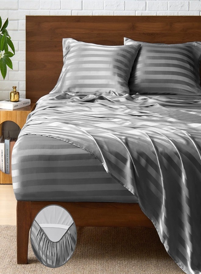 بيديليت ملاءات سرير BEDELITE من الساتان، مقاس كوين، ملاءات فاخرة مخططة بنقشة الجاكار باللون الرمادي الداكن مع أشرطة مطاطية في الزوايا، تشبه ملاءات الحرير، طقم مكون من 4 قطع: ملاءة مثبتة بجيب عميق، ملاءة مسطحة، و2 غطاء وسادة. - Image 1