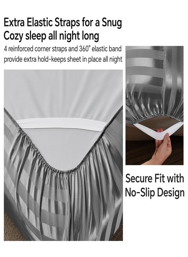 بيديليت ملاءات سرير BEDELITE من الساتان، مقاس كوين، ملاءات فاخرة مخططة بنقشة الجاكار باللون الرمادي الداكن مع أشرطة مطاطية في الزوايا، تشبه ملاءات الحرير، طقم مكون من 4 قطع: ملاءة مثبتة بجيب عميق، ملاءة مسطحة، و2 غطاء وسادة. - Image 5