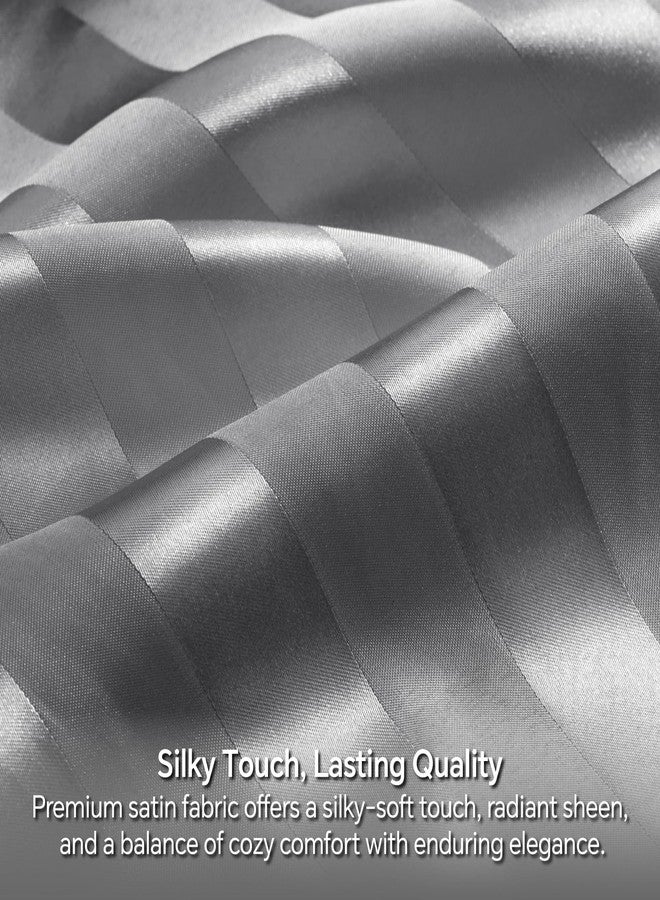 بيديليت ملاءات سرير BEDELITE من الساتان، مقاس كوين، ملاءات فاخرة مخططة بنقشة الجاكار باللون الرمادي الداكن مع أشرطة مطاطية في الزوايا، تشبه ملاءات الحرير، طقم مكون من 4 قطع: ملاءة مثبتة بجيب عميق، ملاءة مسطحة، و2 غطاء وسادة. - Image 4