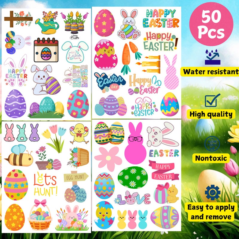 Backtopeia Easter Temporary Tattoos - Easter Party Decorations Stickers Easter Party Favors Accessories Supplies Eggs Hunt Bunny Basket Rabbit Suitable For Kids Teens Youth Adult Gift Idea 4 Sheets - 50Pcs - Image 3