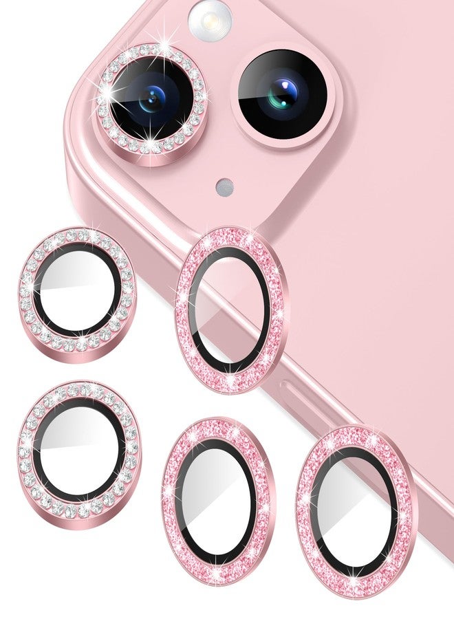 AGVEE 3+3 6 Pack Camera Lens Protector Compatible with iPhone 15/15 Plus, Bling Diamond & Glitter Metal Ring 9H Tempered HD Glass Camera Protector Cover Film, Bling-Pink - Image 1
