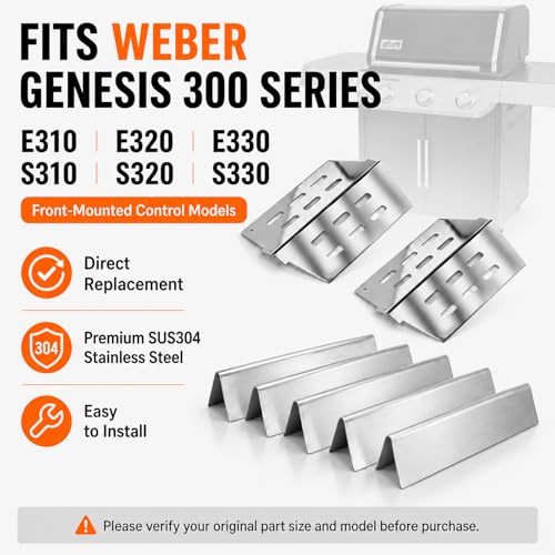 Utheer Grill Replacement Parts for Weber Genesis 300 Series, 17.5" Flavorizer Bars & Heat Deflectors Set (5 Bars + 2 Shields), Heavy-Duty Steel Burner Covers, Fits E310 E320 E330 S310 S320 S330 - Image 4