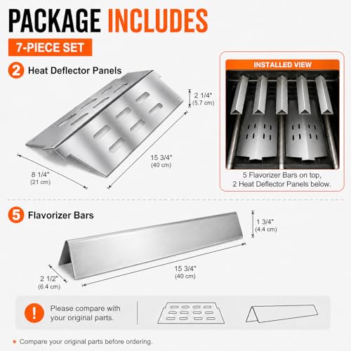 Utheer Grill Replacement Parts for Weber Genesis 300 Series, 17.5" Flavorizer Bars & Heat Deflectors Set (5 Bars + 2 Shields), Heavy-Duty Steel Burner Covers, Fits E310 E320 E330 S310 S320 S330 - Image 5