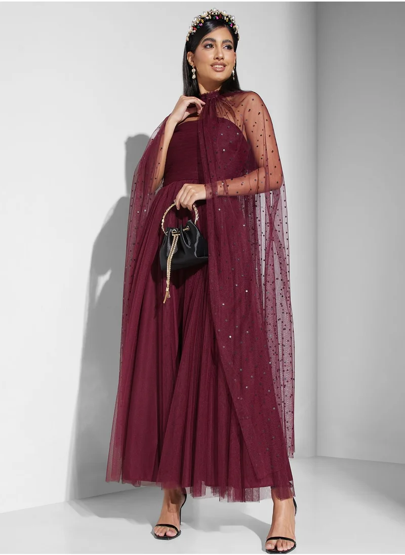 Threadz by Ajooni Mesh Detail Cape Sleeve Dress
