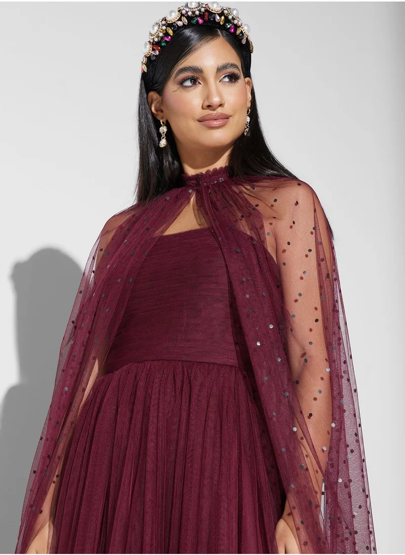 Threadz by Ajooni Mesh Detail Cape Sleeve Dress